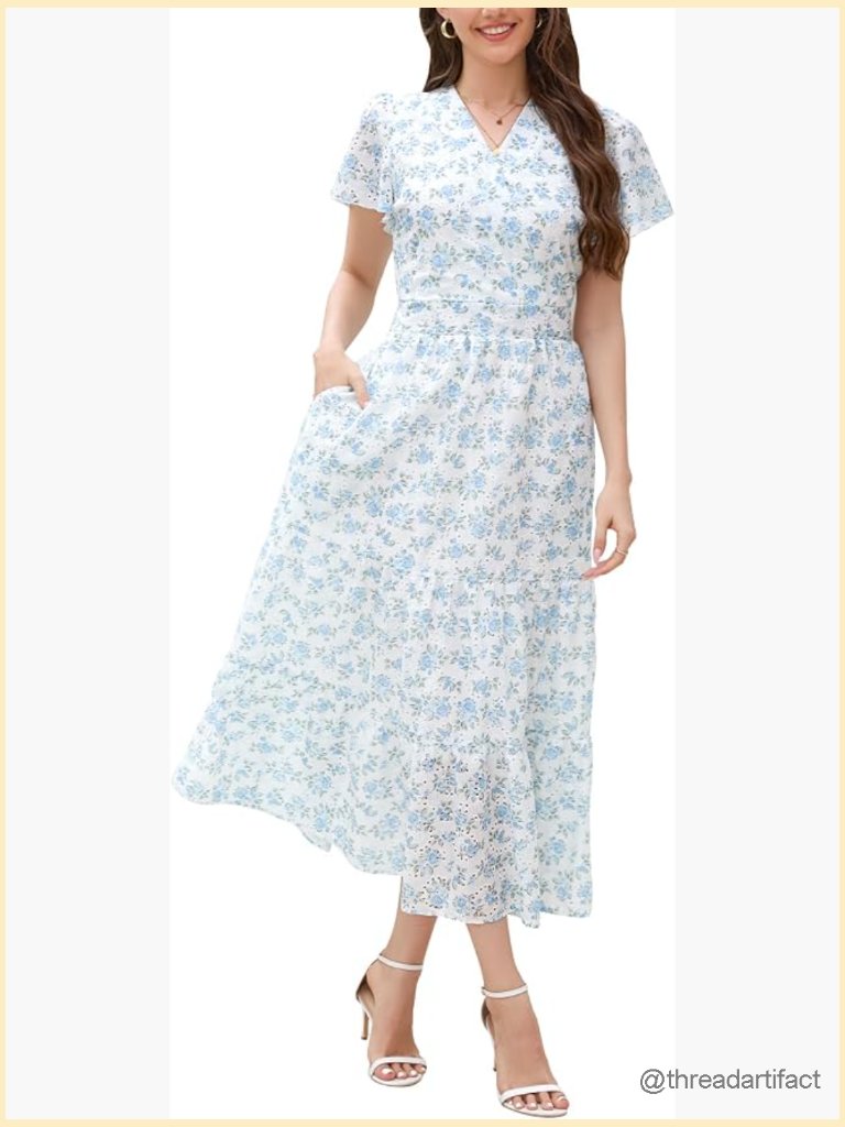 Boho Maxi Dress V Neck Eyelet Floral Long Flowy Beach Wedding Guest